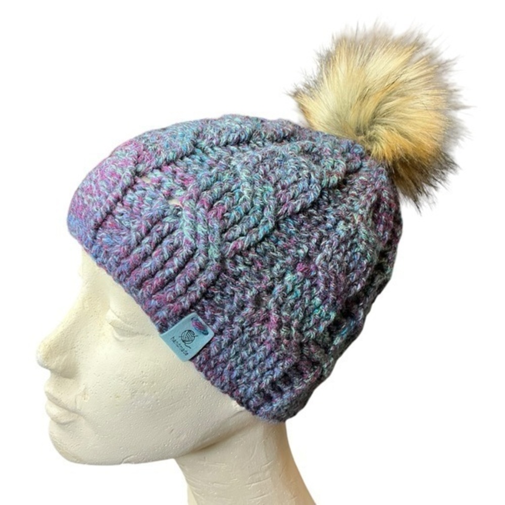Cable Knit Crochet Beanie Hat Handcrafted With Faux Fur Pom Handmade Purple Blue